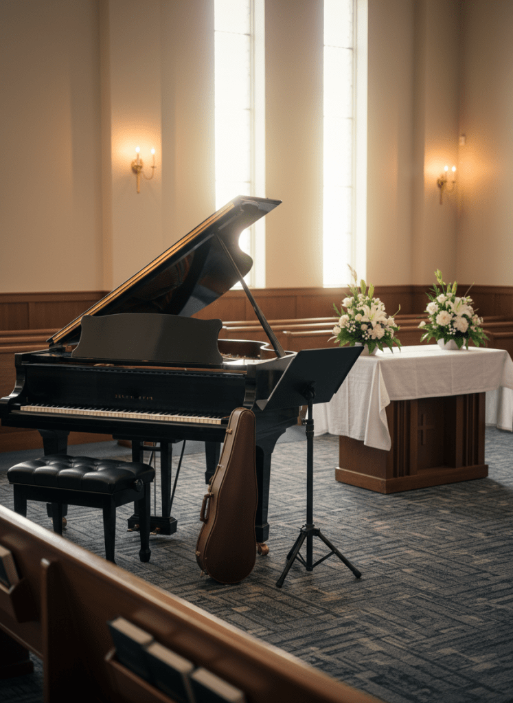 A serene yet meticulously arranged ceremonial space for a respectful funeral service, focused on a small ensemble area dedicated to live music. A polished black baby grand piano, a dark wood music stand, and a simple string instrument case rest on a muted, patterned carpet near a softly lit altar adorned with understated white floral arrangements. Gentle, diffused daylight seeps through frosted windows, complemented by warm sconces on the walls, creating a calm and dignified ambiance. The composition is shot at eye level with a moderate depth of field, keeping the instruments and altar in clear focus while pews fade softly into the background. Photographic realism with a restrained, respectful tone, emphasizing tasteful, compassionate musical accompaniment for memorial events without any people or text.