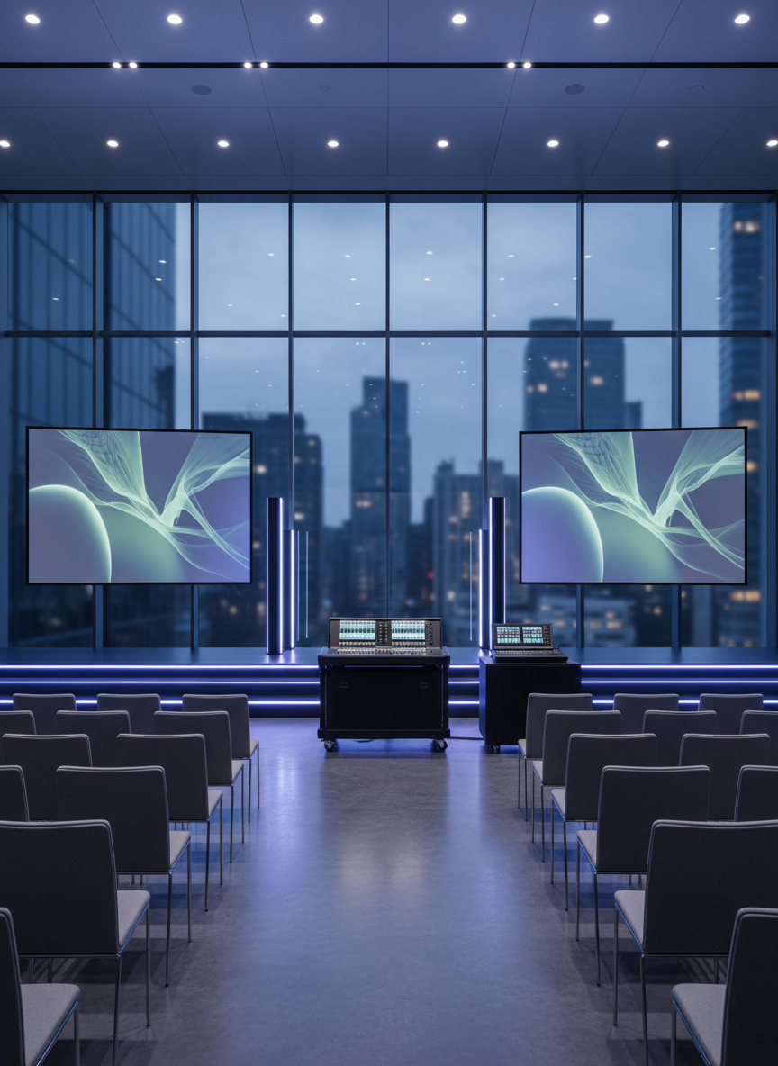A sophisticated corporate event setup inside a glass-walled conference venue, featuring a wide stage with a sharp, minimalist design. Center stage, a professional audio rig includes a sleek digital mixing console, discreet line-array speakers, and a compact lighting desk with colorful faders gently glowing. On either side, large projection screens display abstract, non-text animations in brand-neutral colors. Cool white overhead lighting is accented by precise strips of electric blue and violet along the stage edge, creating a confident, high-tech atmosphere. Photographed from a slightly low angle with sharp focus throughout, the composition captures rows of empty, high-backed chairs leading toward the stage, emphasizing polished, reliable music and sound services for corporate events without any attendees present.