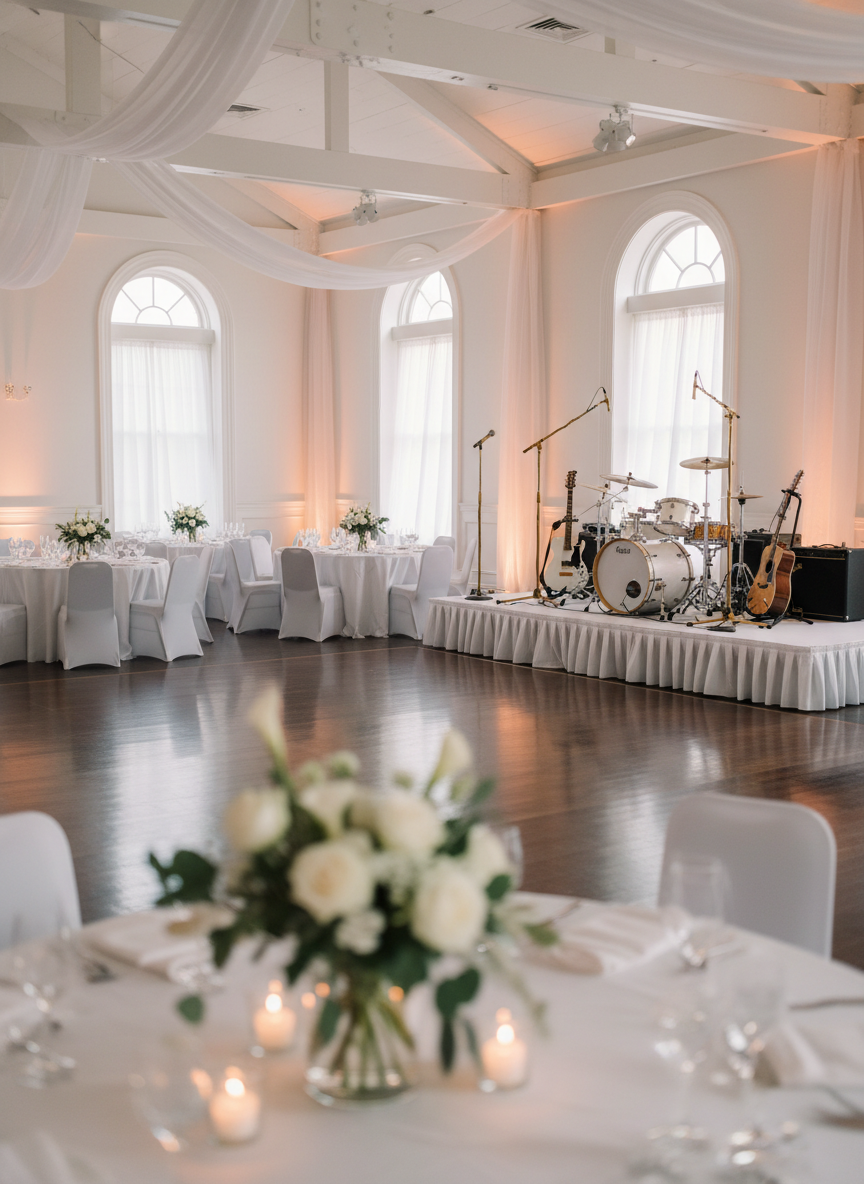 An elegant, all-white wedding reception space featuring a polished wooden dance floor framed by crisp linen-draped tables and delicate glass centerpieces that glint with candlelight. At one end, a pristine stage hosts a full band setup: a gleaming white drum kit, polished brass microphones, sleek black amplifiers, and guitars resting on stands. Soft golden hour light filters through tall windows, mixing with subtle amber uplighting along the walls. The mood is romantic yet bold, with refined floral arrangements and draped fabrics echoing the sophistication of the celebration. Captured from a slightly elevated corner, the composition highlights the stage as the focal point while the rest of the room recedes into a gentle bokeh, emphasizing high-quality live music for weddings without any visible guests.