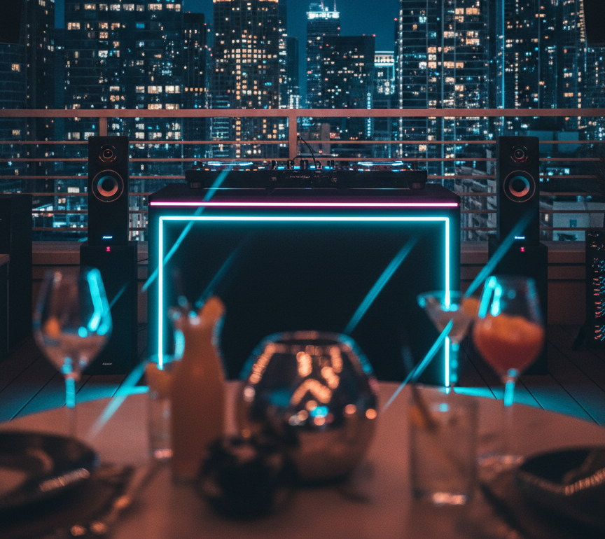 An intimate private rooftop party scene overlooking a modern city skyline at night, where a compact but powerful sound system glows with neon accents. A low, matte-black DJ console is surrounded by sleek wireless speakers, illuminated by strips of vibrant pink and cyan LED lights embedded in the deck railing. String lights crisscross overhead, casting warm points of light against the deep blue sky, while the city’s skyscrapers shimmer in the background. The camera is placed at table height, framing the console in the foreground with blurred cocktail glasses and stylish decor around it. Photographic realism with a bold, energetic vibe, the lighting creates dramatic reflections on the equipment surfaces, suggesting premium, urban event music for upscale private parties without featuring any people.